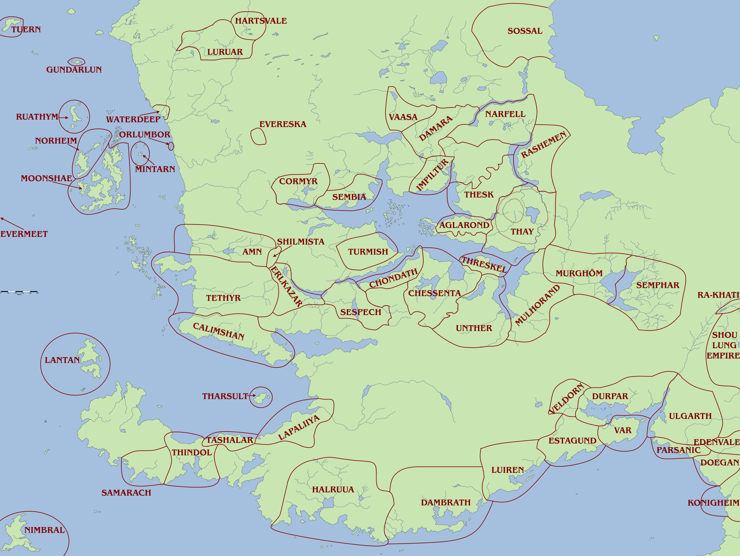 A map showing the nations and kingdoms of Faerûn in 1371 DR. Please click f...